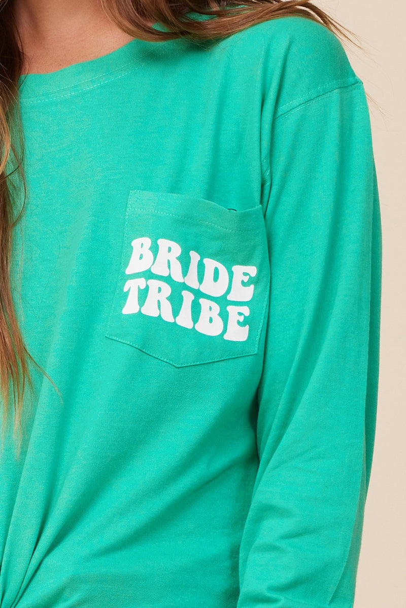"Bride Tribe" Surf Green Wash Long Sleeved Pocket Tee