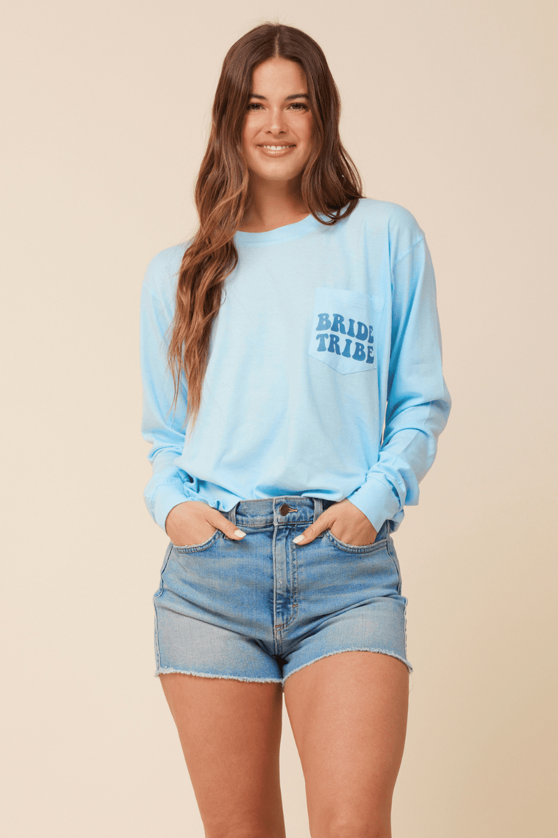 "Bride Tribe" Tropical Blue Salt Wash Long Sleeved Pocket Tee