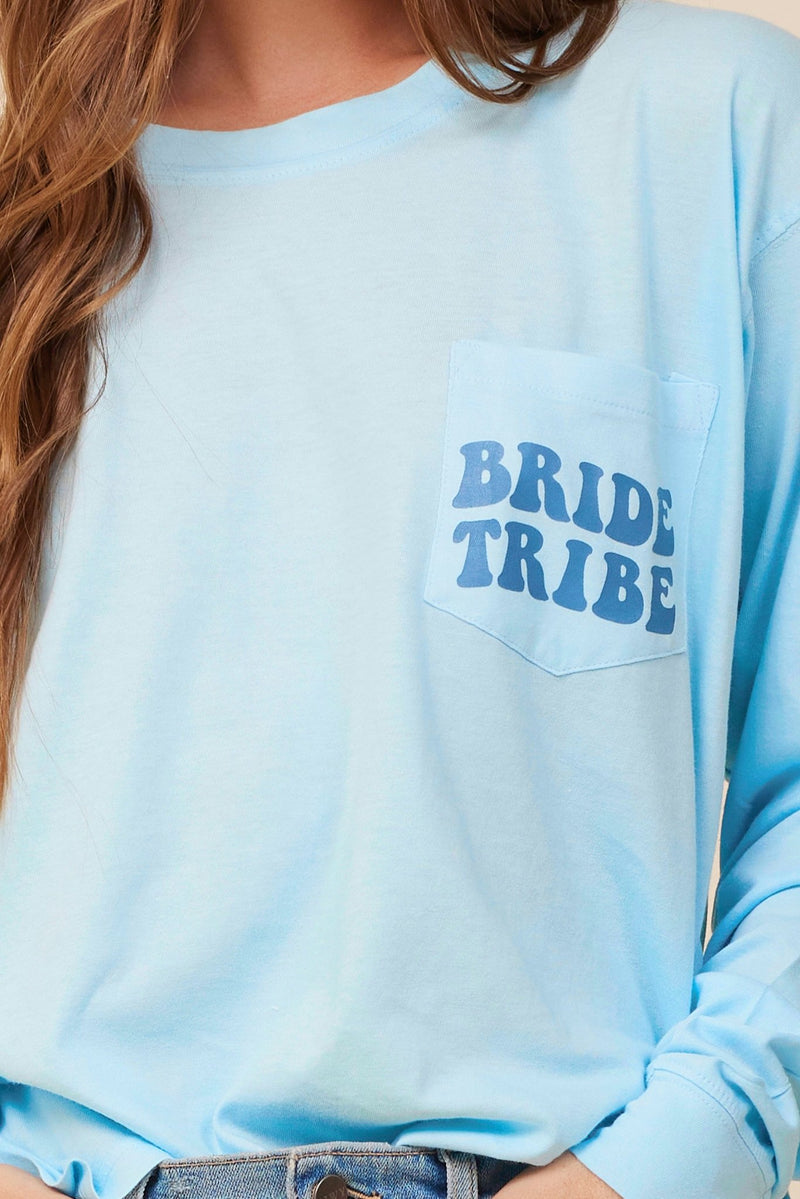 "Bride Tribe" Tropical Blue Salt Wash Long Sleeved Pocket Tee