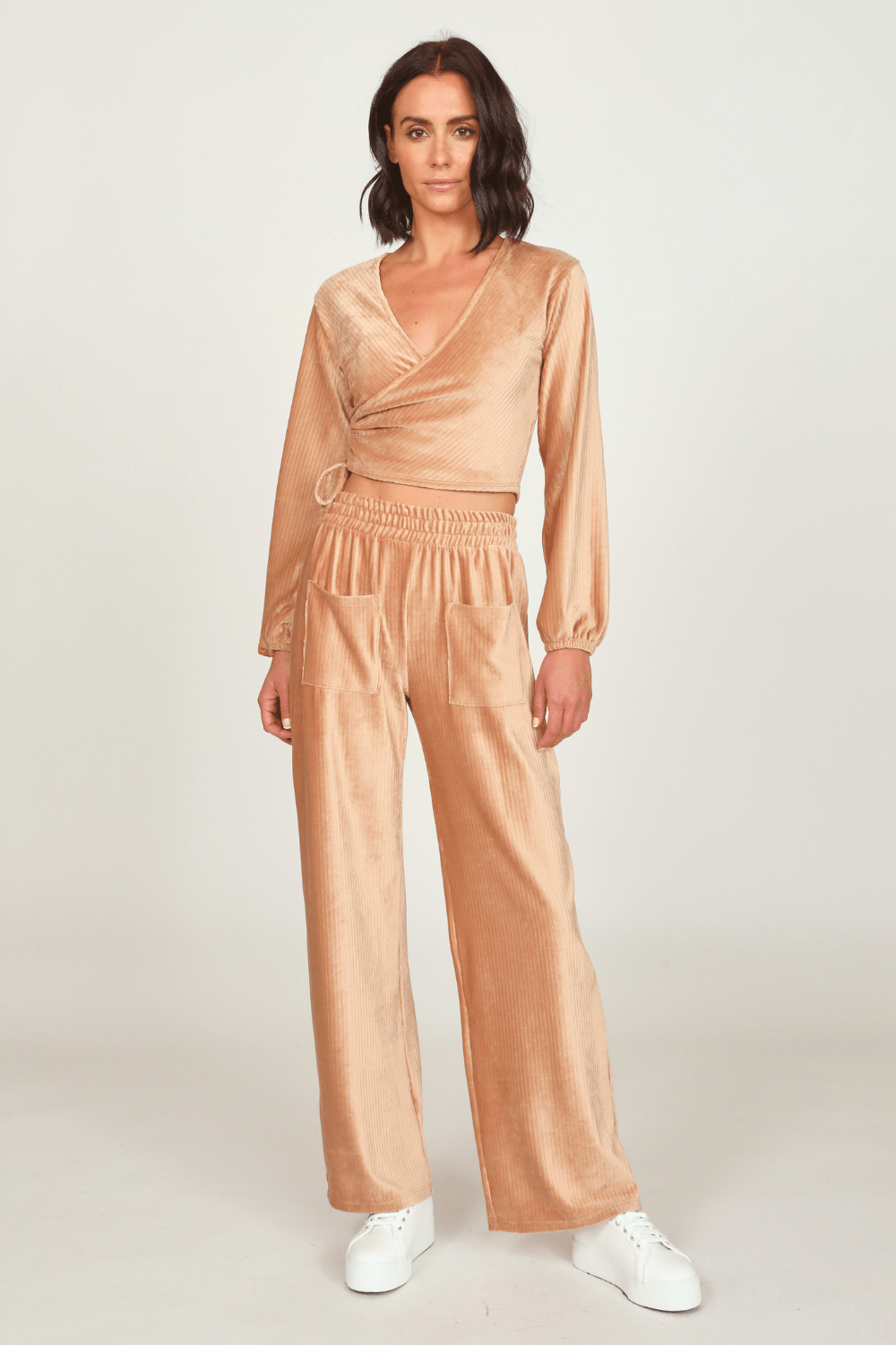 Camel Velour Surplice Top