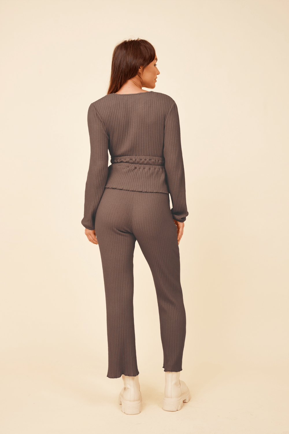 Chestnut Surplice Ribbed Long Sleeve Top