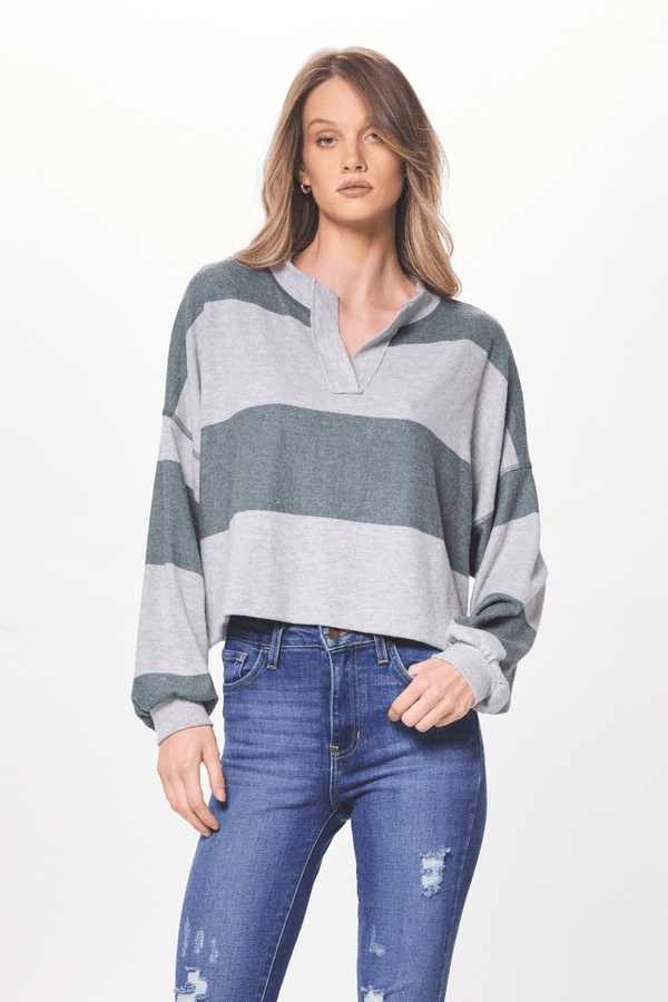 Heather Grey & Hunter Green Striped Rugby Long Sleeve Top