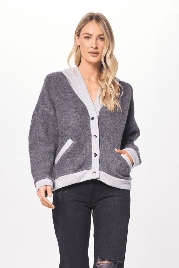 Heather Grey Novelty Button Front Hooded Cardigan