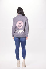 Heather Grey & Pink Happy Quarter Zip Sweater